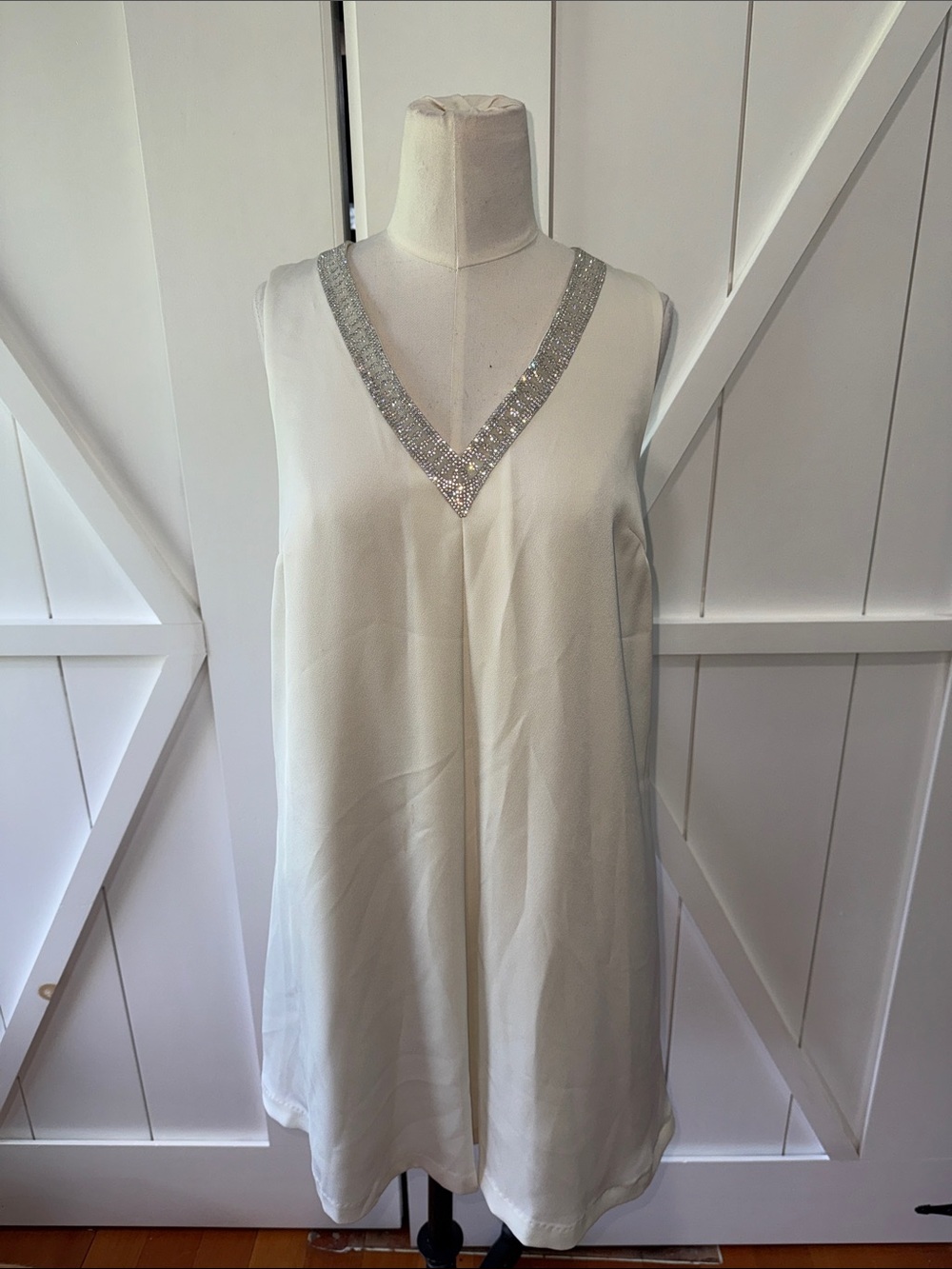 Ark & Co Cream Mini Dress with Rhinestone V-Neck